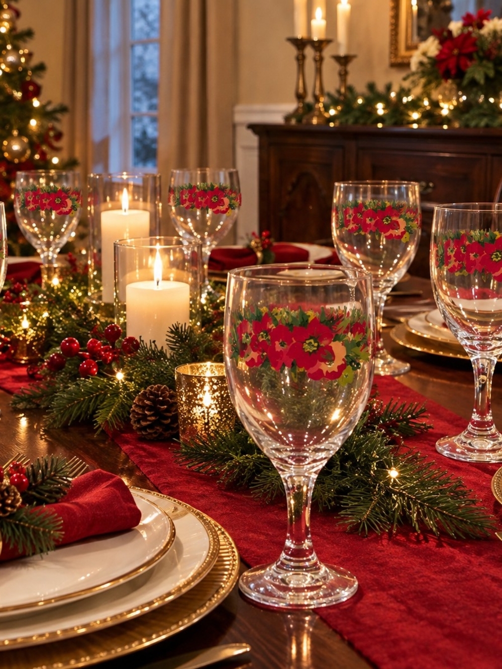 Holiday Poinsettia Pioneer Woman Dinner Glasses - Red & Green